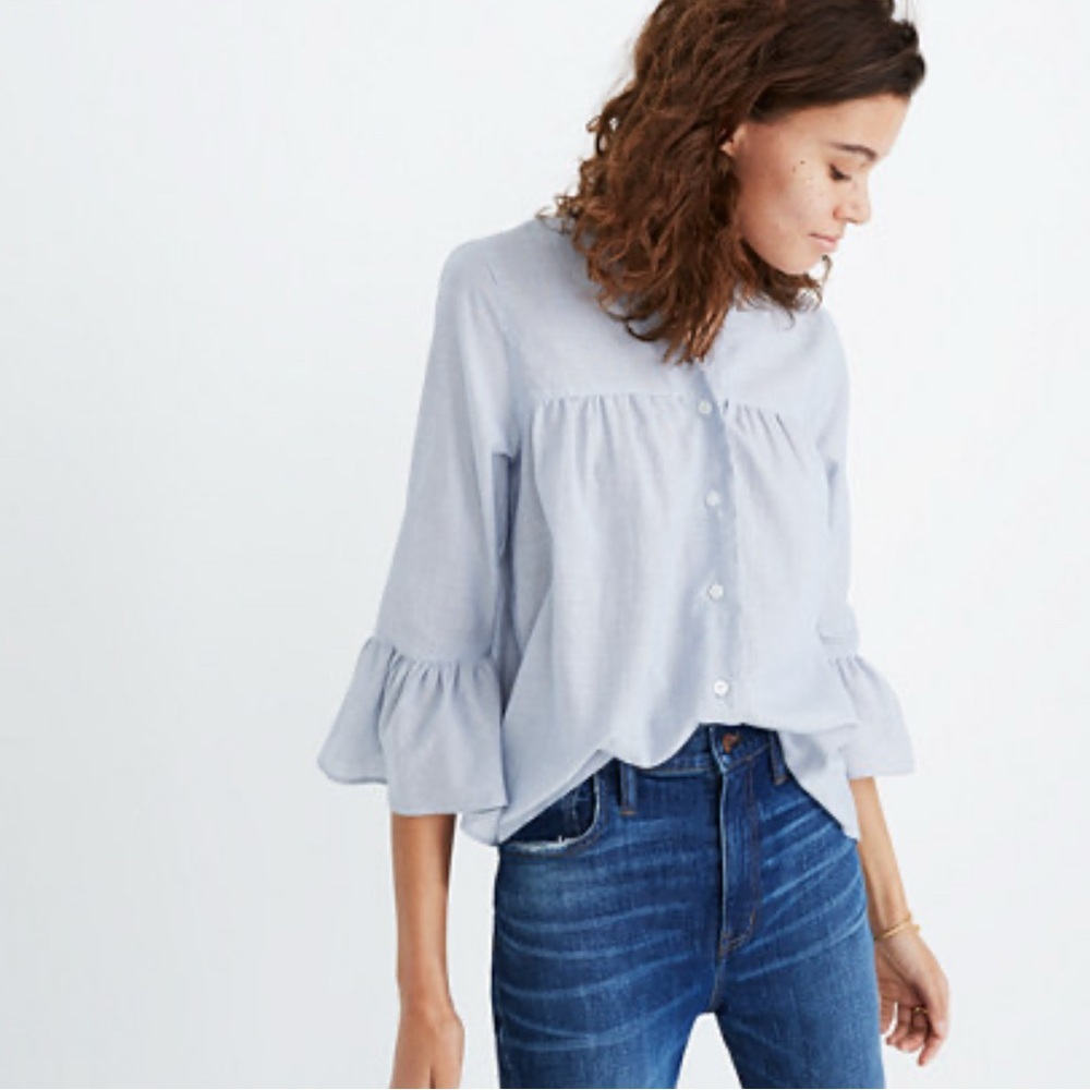 Madewell Veranda Bell Sleeve Blue And White Striped XS Women’s Cotton Blouse